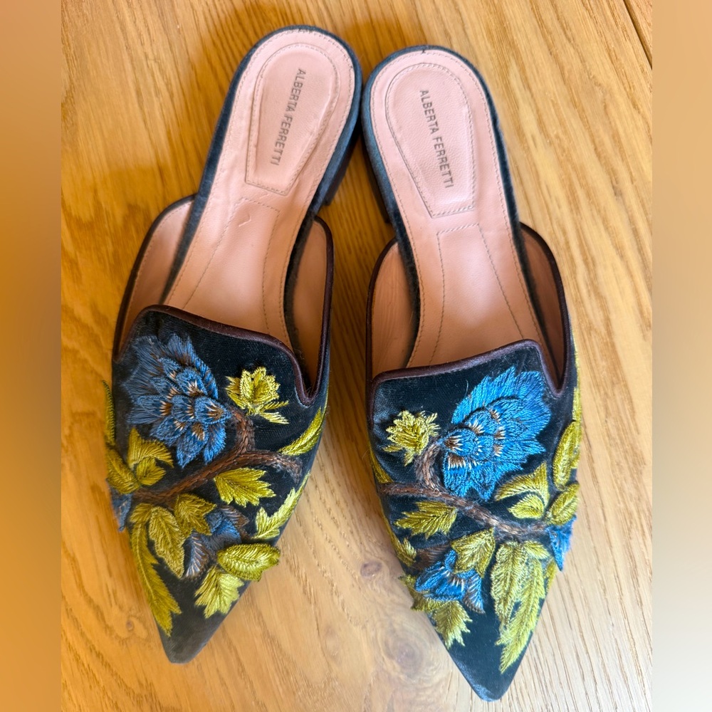 Alberta Ferretti Dark Gray Mules with Blue and Green Embroidery - Chloe Sévigny